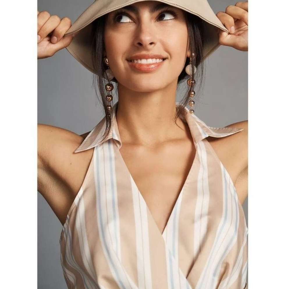 NEW Anthropologie Maeve Tan White Striped Asymmetrical Shirt Dress Size 12 $180